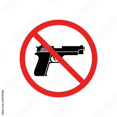 A red prohibition sign with a black handgun silhouette, indicating a weapon-free or no firearms allowed zone.