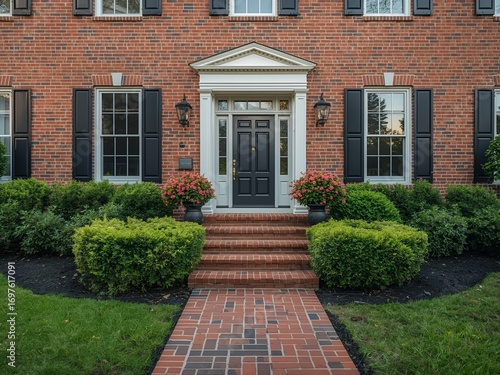 Wallpaper Mural Elegant Georgian entryway, brick walls, white trim, symmetrical windows, lush front garden. Torontodigital.ca