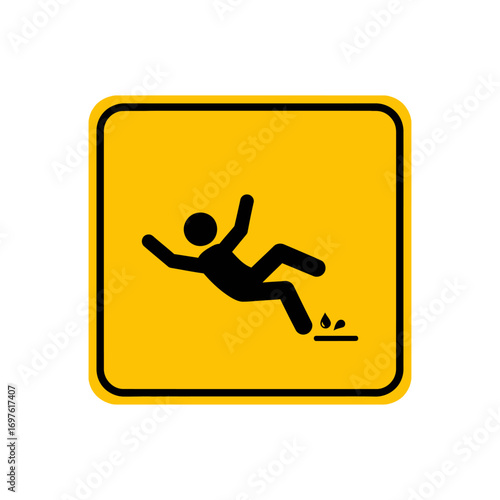 Warning sign depicting a person slipping and falling on a wet surface, cautioning about potential hazards.