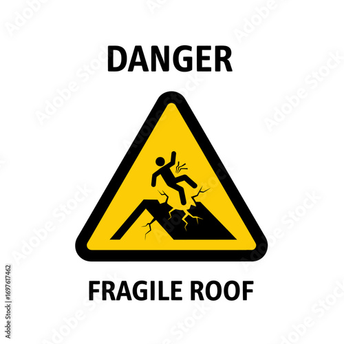 Yellow and black triangular safety sign warning of a fragile roof, with the word 'Danger' and a symbol of a person falling.