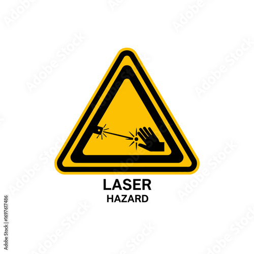 Yellow triangular warning sign with a black border and a pictogram of a laser beam hitting a hand, indicating laser hazard.
