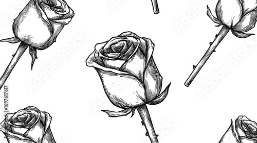 Seamless pattern of detailed line art roses