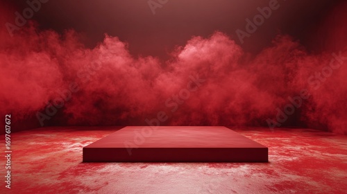 Red Platform in Smoke-Filled Room