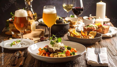 A rustic dinner table spread with various foods and drinks