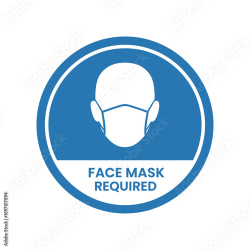 A blue circular mandatory sign with a white icon of a person wearing a face mask and the text 'Face Mask Required'.