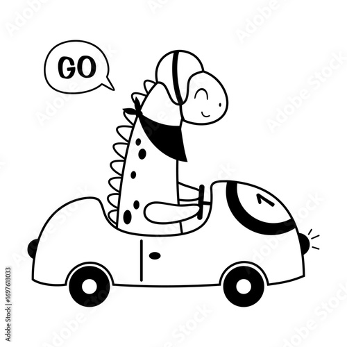 Cute dinosaur driving car, isolated black and white clipart. Cartoon dino boy character doodle. Vector illustration