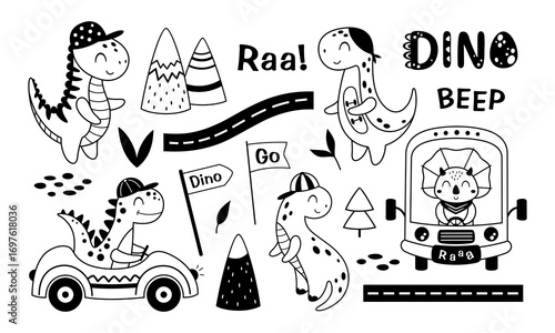Cute dinosaur driver clipart set in black and white color. Cartoon dino with transport and road elements. Vector illustration	
