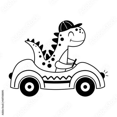 Cute dinosaur driving car, isolated black and white clipart. Cartoon dino boy character doodle. Vector illustration