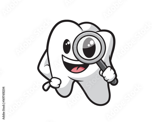 A cartoon tooth holding a magnifying glass, representing dental care and examination