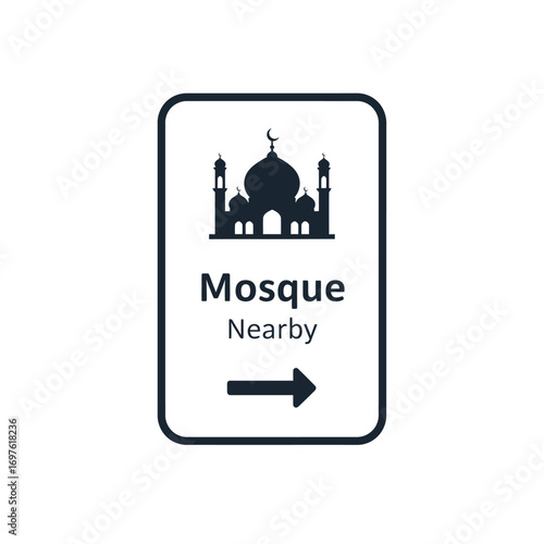 Sign indicating a nearby mosque, featuring a silhouette of a mosque building and an arrow pointing right.