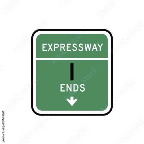 Green expressway ends sign with white border and black arrow.