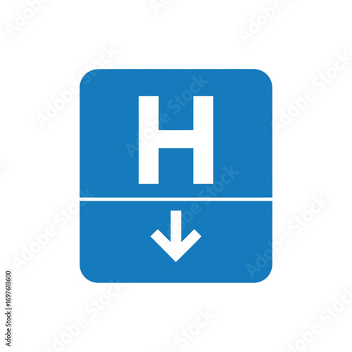 Blue square sign with a white letter H and a downward arrow, indicating a hospital.