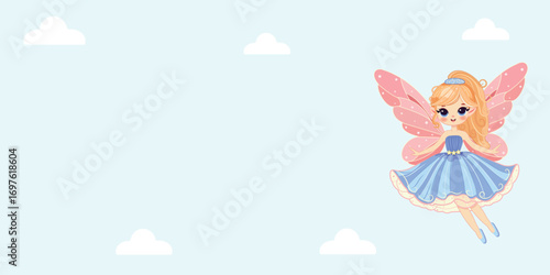 Template with cute fairy girl flies in the sky with wings and a magic wand on color background. Birthday Banner, Flyer, Greeting Card. Vector illustration in flat cartoon style