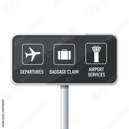 Airport sign showing departures, baggage claim, and airport services.