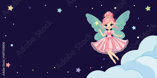 Template with cute fairy girl flies in the sky with wings and a magic wand on the night background. Birthday Banner, Flyer, Greeting Card. Vector illustration in flat cartoon style
