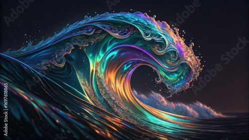Fototapeta Naklejka Na Ścianę i Meble -  Iridescent wave crashing with vibrant colors in the ocean