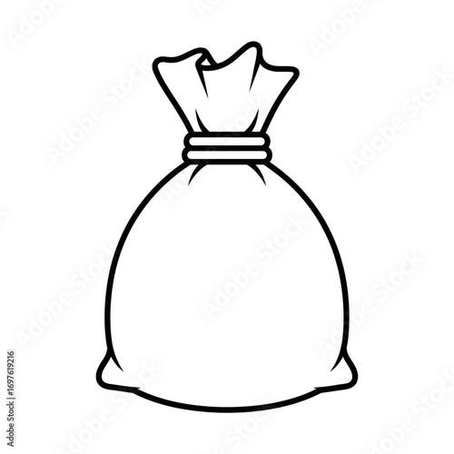 A simple black and white line art illustration of a full sack tied at the top with a rope.