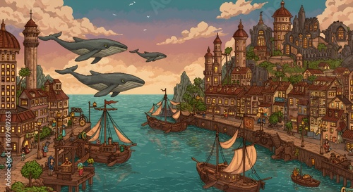Epic Pixel Art Fantasy Scene of Medieval Fortress with Gods and Mythical Elements