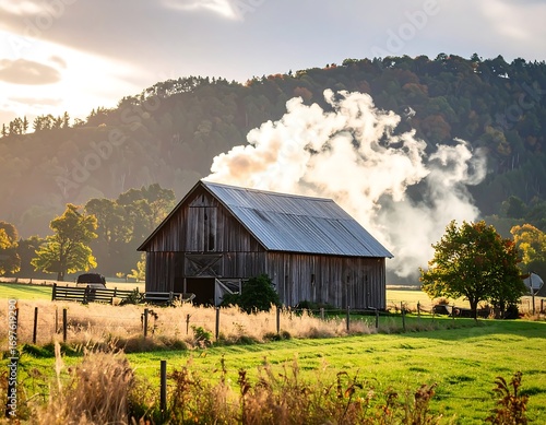 A rustic wooden barn at dawn, smoke rising
