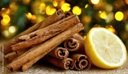 Cinnamon sticks and lemon slice against a blurred Christmas lights background