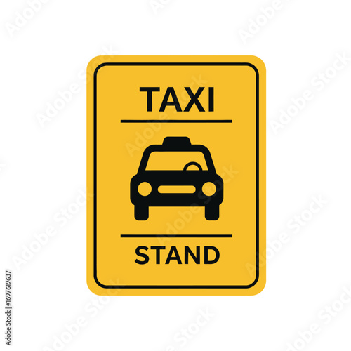 A yellow rectangular taxi stand sign with black text and a car icon, isolated on a white background.