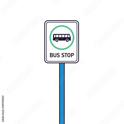 A white and black bus stop sign with a green circle and bus icon, mounted on a blue pole, against a white background.