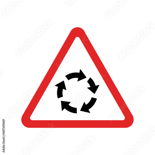 Traffic sign indicating a roundabout ahead, warning drivers of the upcoming circular intersection.