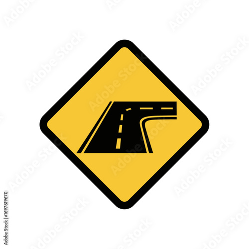 A yellow diamond-shaped warning sign depicting a road splitting into two lanes, with one lane curving to the right.