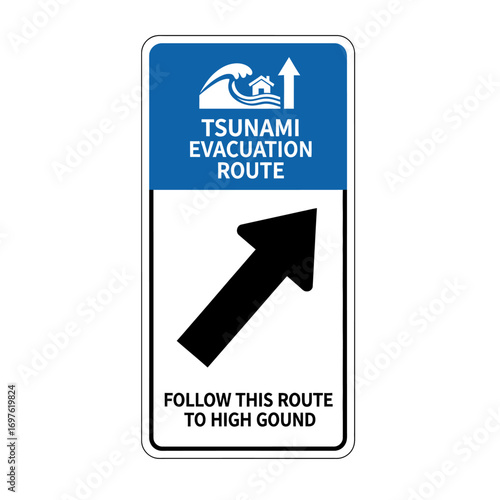 A vertical Tsunami Evacuation Route sign with a directional arrow and text instructing to follow the route to high ground, featuring a typo 'gound'.