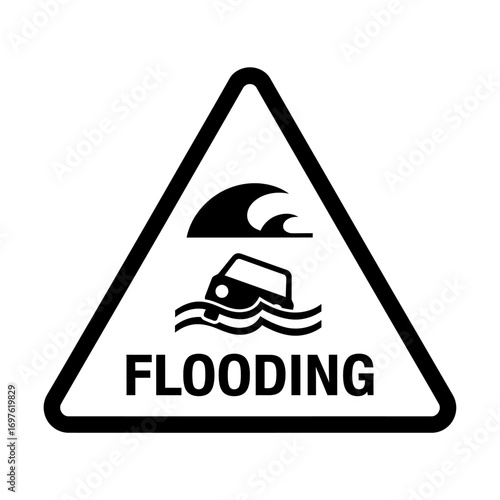 Black and white triangular warning sign indicating flooding with a car submerged in water and waves.