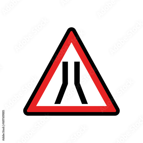 Warning sign indicating a narrow road ahead, with two lanes merging into one.
