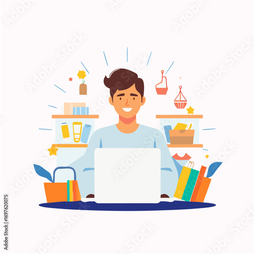 Happy Young Man Working on Laptop at Home Surrounded by Shopping Bags and Products
