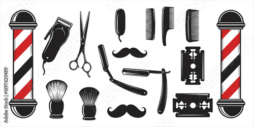 Barber Shop Tools and Pole Icons Including Clippers Scissors Razors and Combs Keywords: barber shop, tools, pole, barber pole