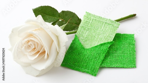 White rose beside two small, green fabric squares