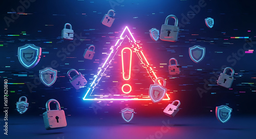 Neon glowing cyber warning alert surrounded by locks and shields representing data breach and network threat detection