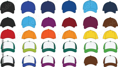 Collection of Baseball Caps in Various Colors and Styles on White Background Keywords: baseball cap, hat, headwear, apparel