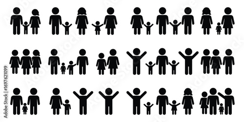 Collection of Black Silhouette Stick Figures Representing Families and Individuals family people
