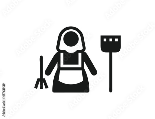 Domestic helper icon with cleaning tools representing housekeeping and janitorial services