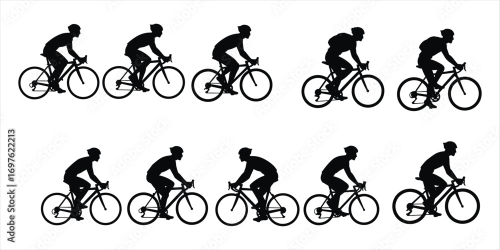 Fototapeta premium Eleven Silhouettes of Cyclists in Various Poses on White Background Keywords: cycling, cyclist, bicycle, sport, athlete, racing