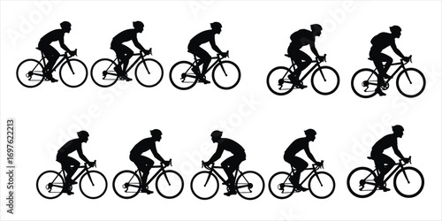 Eleven Silhouettes of Cyclists in Various Poses on White Background Keywords: cycling, cyclist, bicycle, sport, athlete, racing
