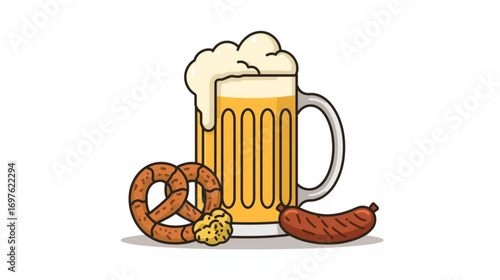Oktoberfest Meal Vector – Beer Mug with Foam, Pretzels, and Sausage on Bavarian Table