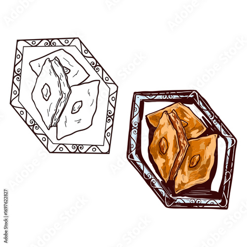 Artistic sketch showing colored and outlined versions of desserts on patterned dishes