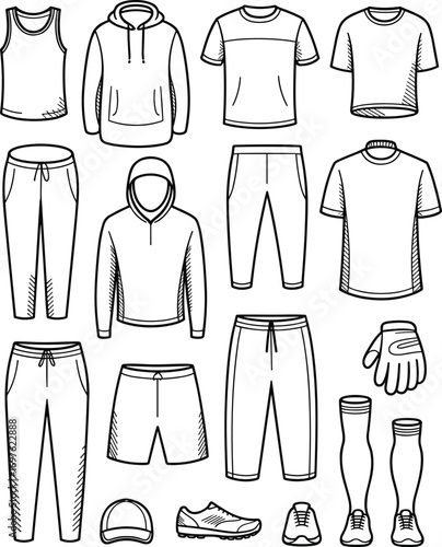 Hand-drawn clothing items and accessories with outline style Keywords: clothing, apparel, fashion, garments, t-shirt, hoodie