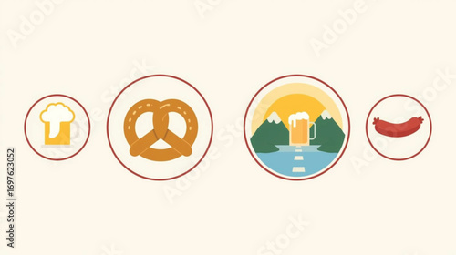 Oktoberfest Scenic Icon with Pretzel, Beer Mug, and Bavarian Mountains – German Festival Vector
