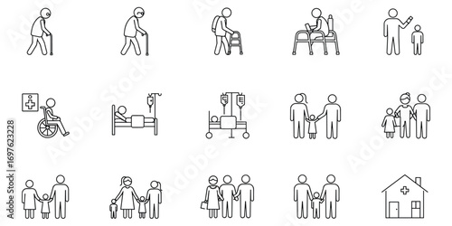 Icons representing healthcare, family, and aging on a white background Keywords: icon, healthcare, medical, family, people