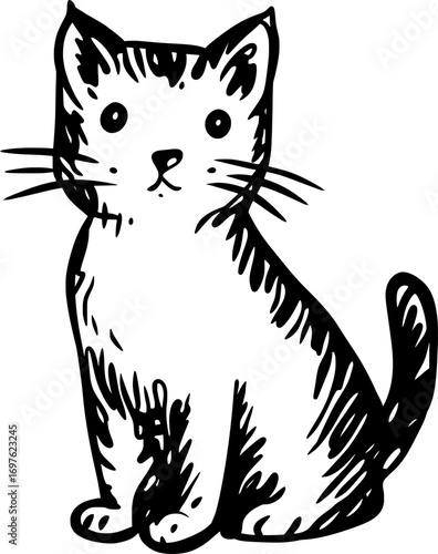 Adorable sketched kitten illustration with charming whiskers and curious eyes sitting patiently on white