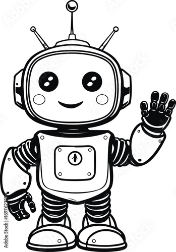 original cute robot mascot line art, friendly smile, simple shapes, chest print, vector 1