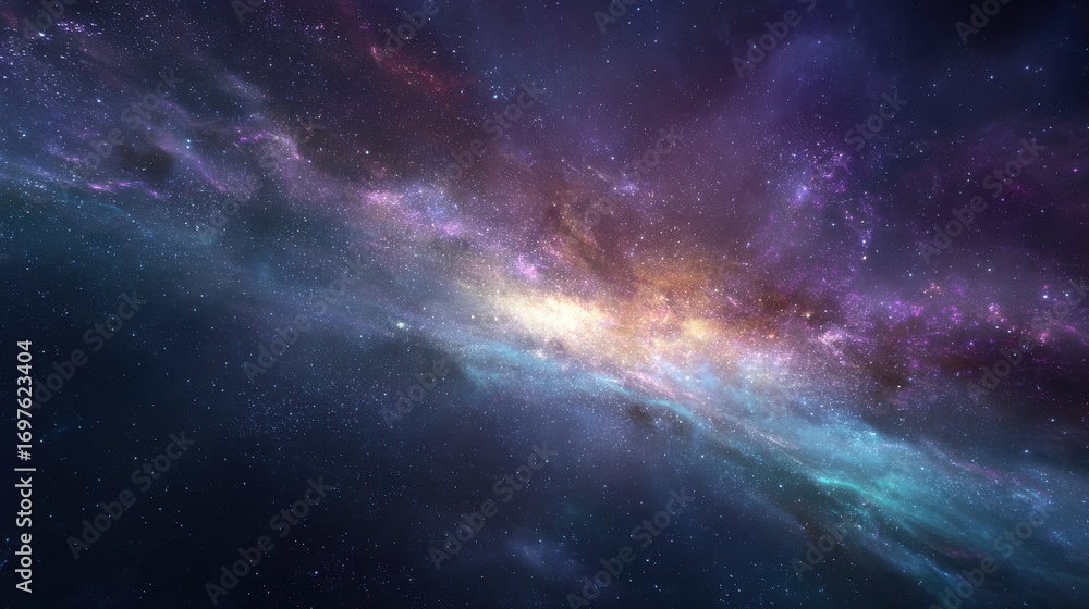 Fototapeta premium Cosmic Nebula Swirling Purple, Blue, and Gold Gas Clouds in Deep Space