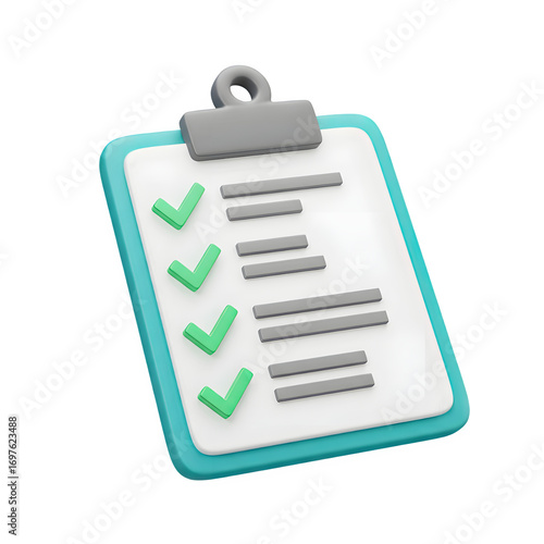 3d rendered checklist on a clipboard with green checkmarks isolated on transparent background