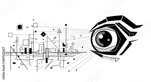 Abstract visionary composition with geometric cityscape viewed through a stylized eye